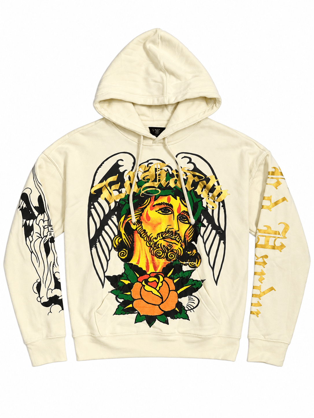 Buzo Ed Hardy crema estampado religioso