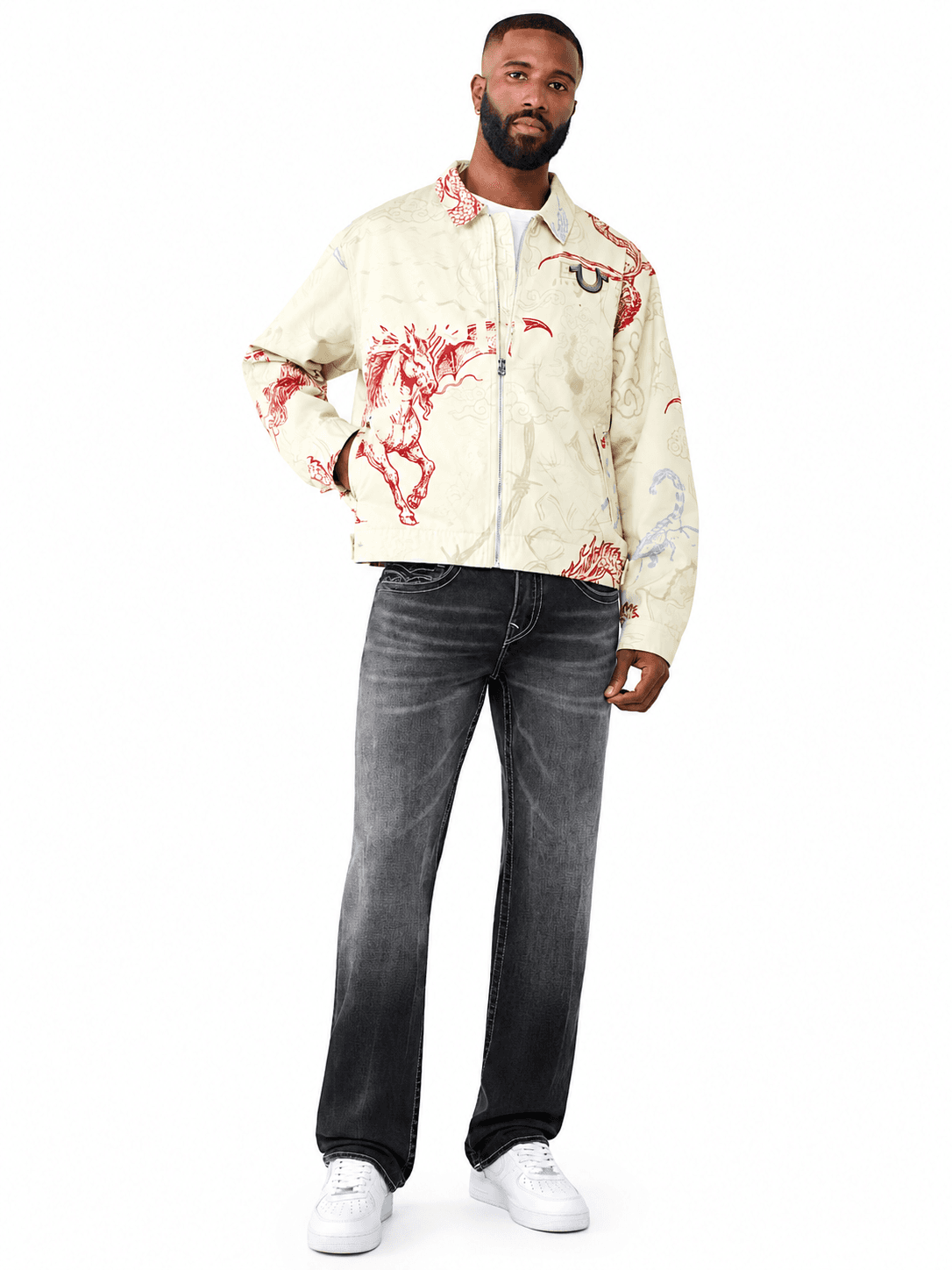 Conjunto chaqueta estampada y jean True Religion