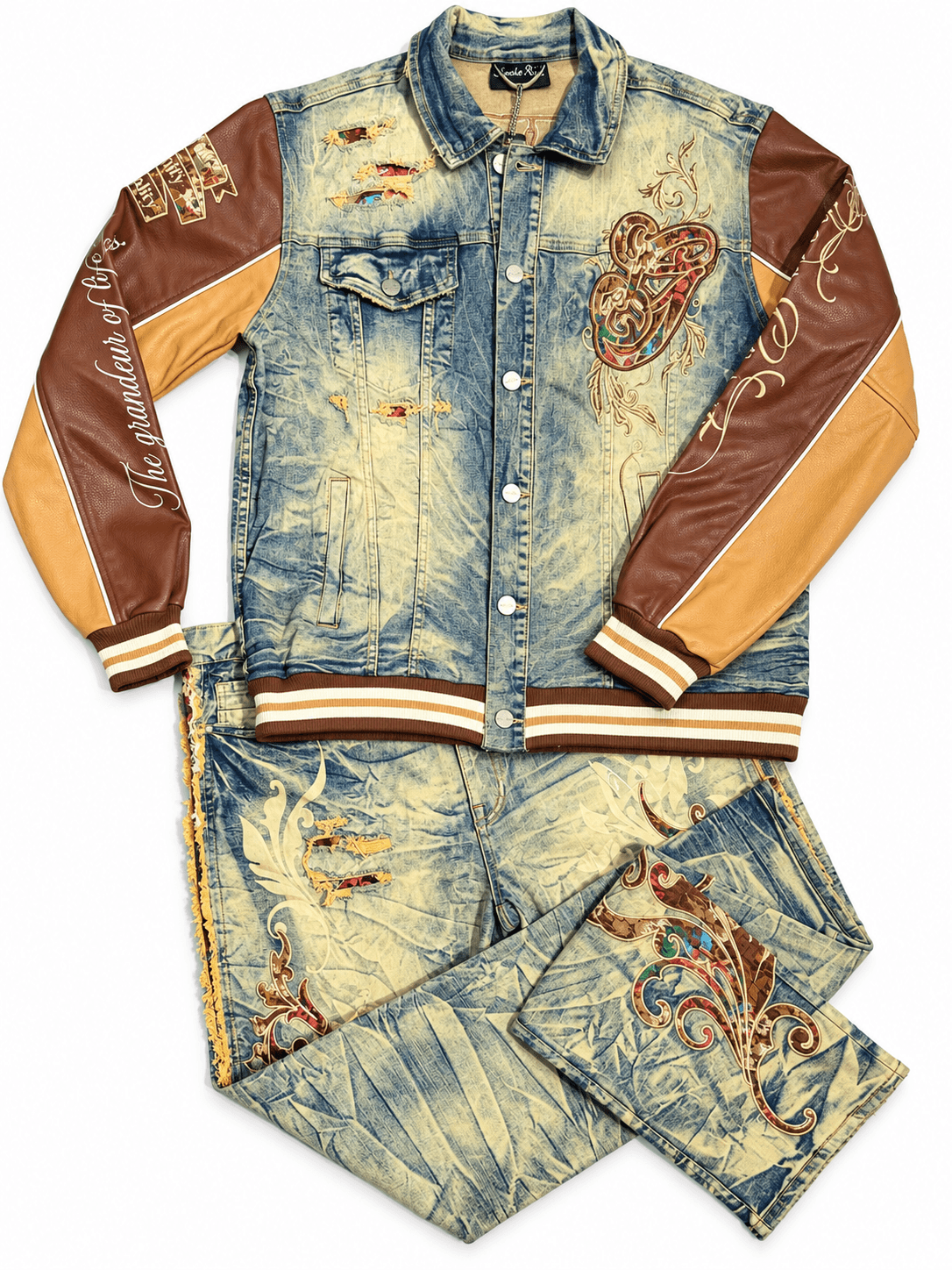 Conjunto chaqueta y jean denim detalles cuero